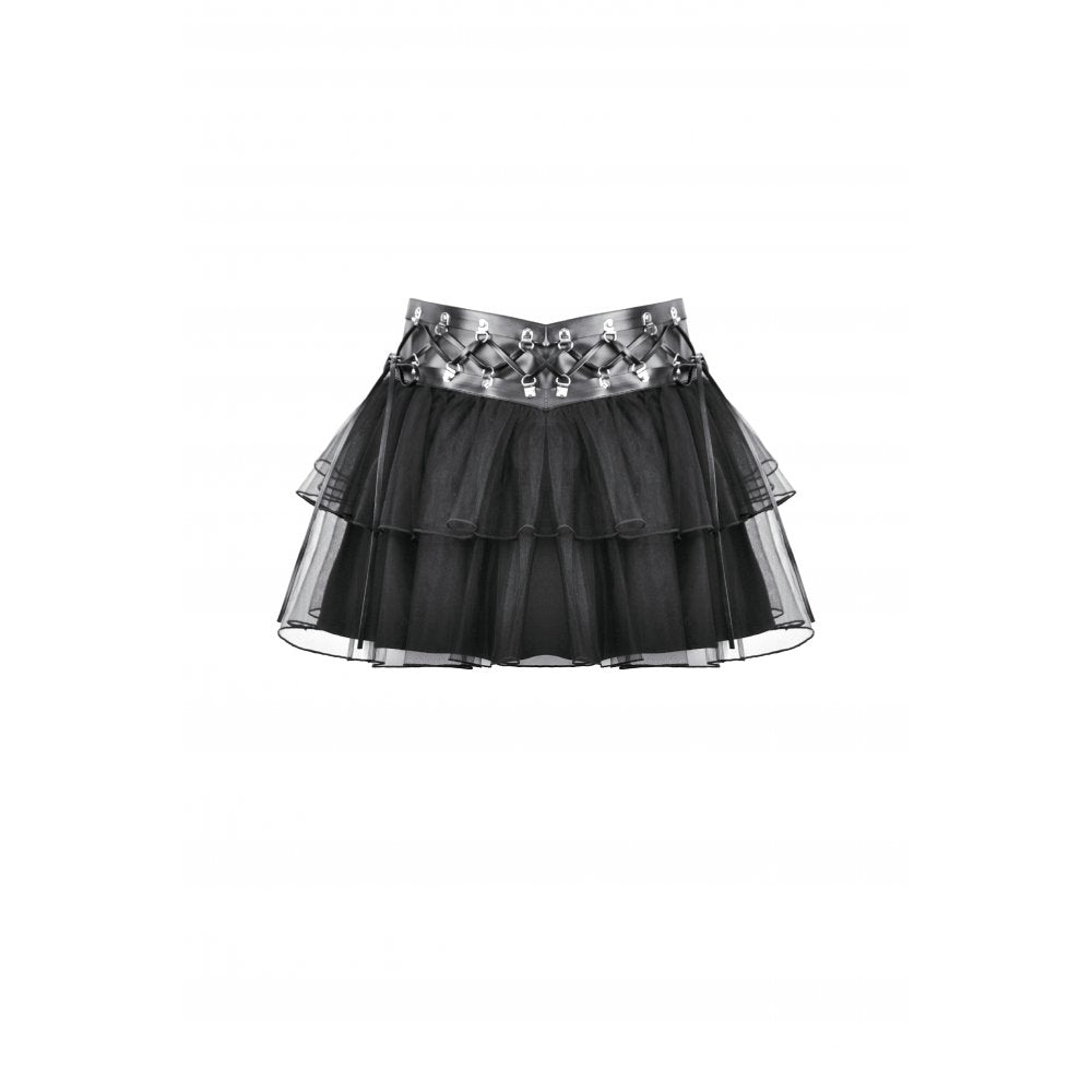 Black Layered Tulle Goth Mini Skirt with Studded PU Waist | Dark In Love
