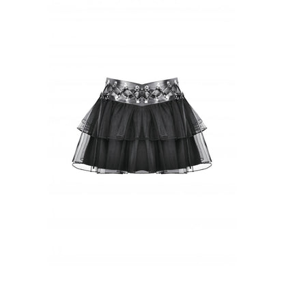 Black Layered Tulle Goth Mini Skirt with Studded PU Waist | Dark In Love