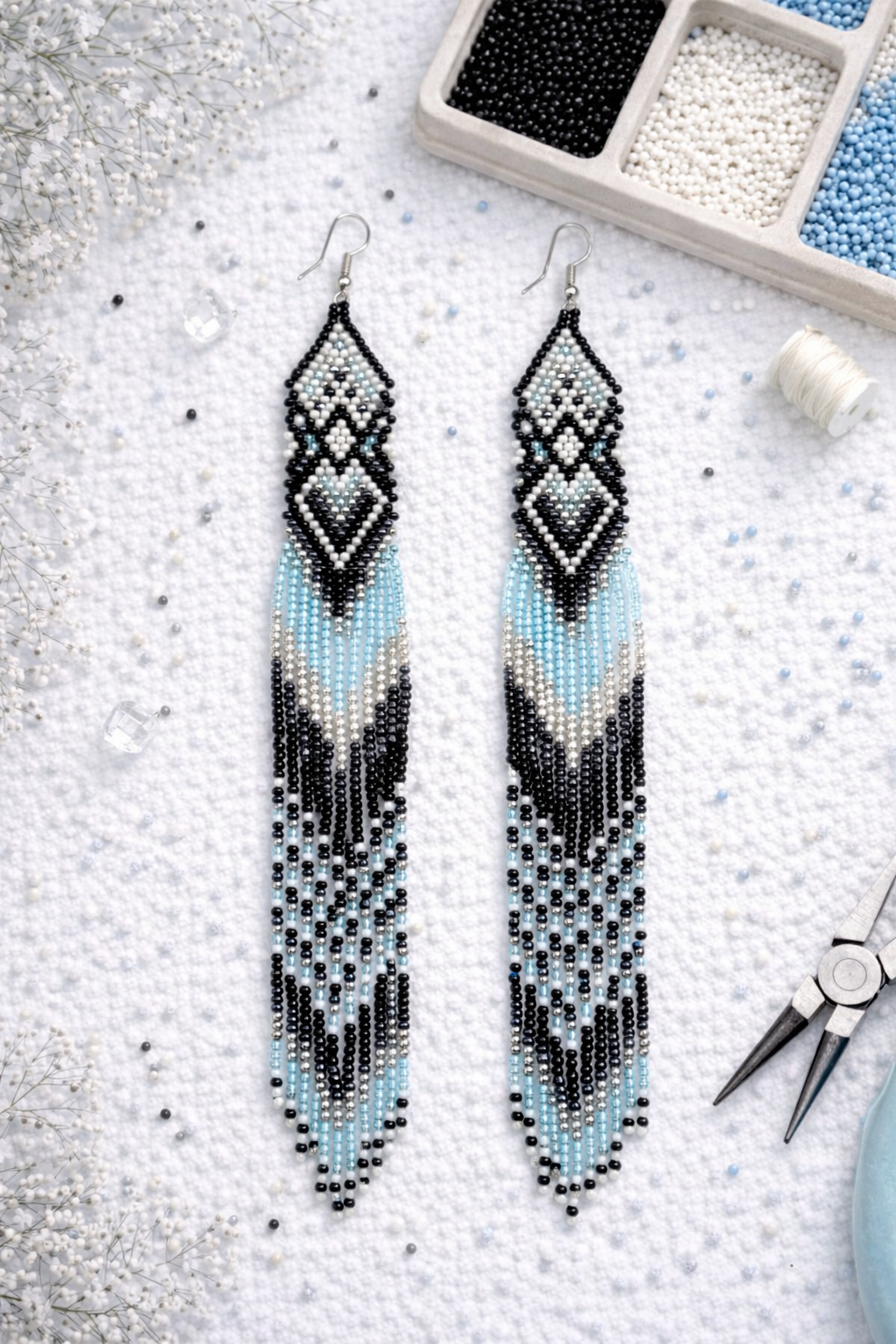 Long Beaded Black White Blue Fringe Earrings