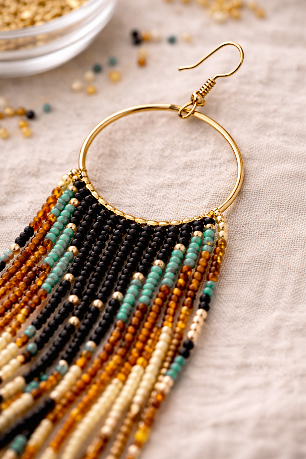 Long Beaded Tassel Hoop Earrings