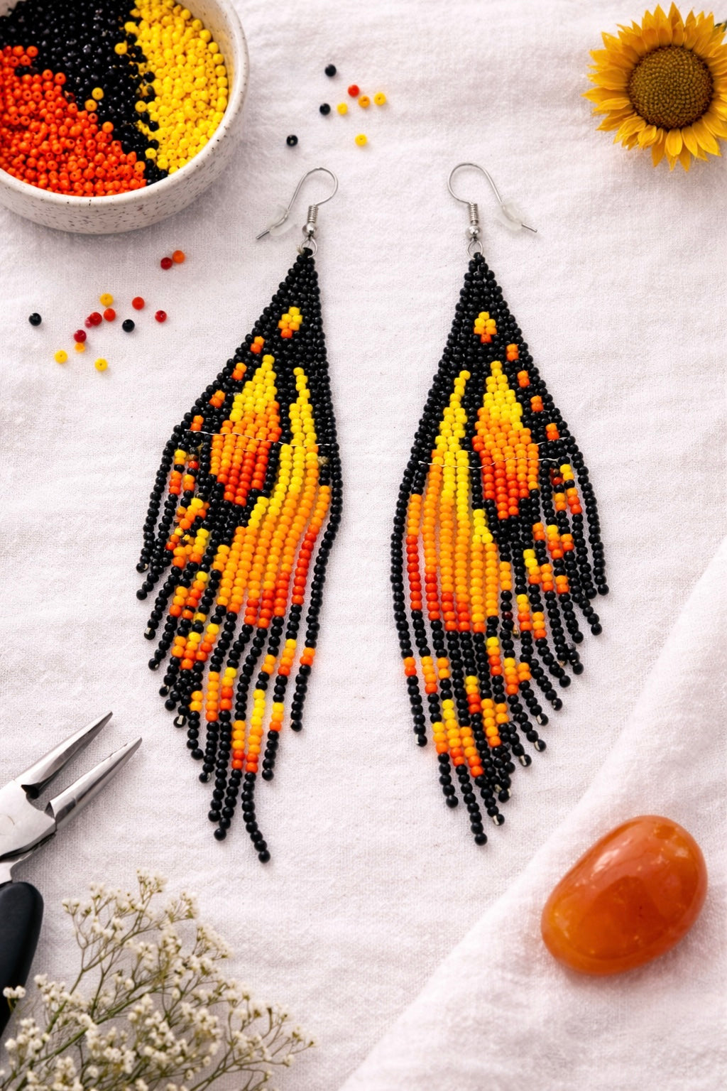 Yellow Beaded Butterfly Wing Earrings
