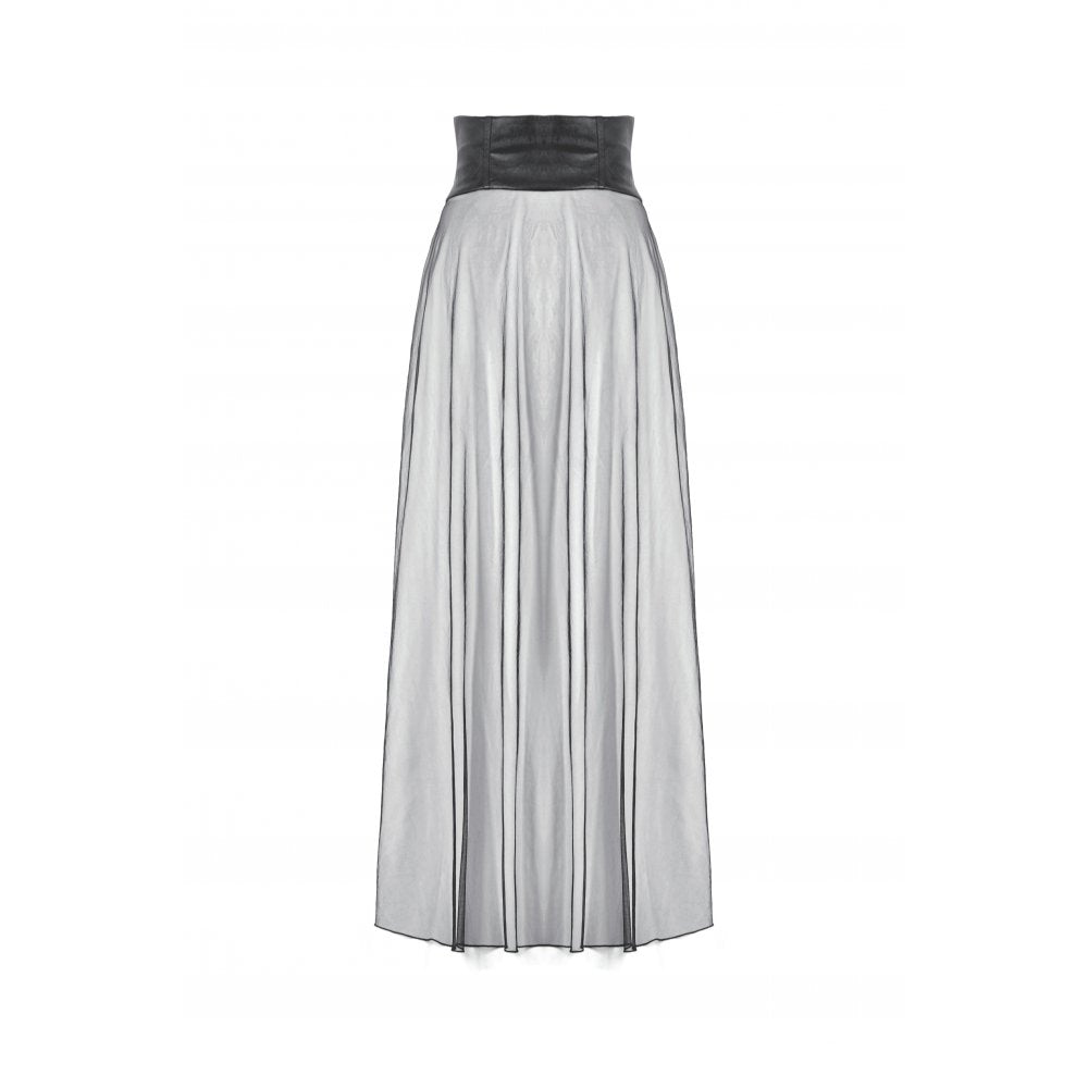 Black Sheer Mesh Maxi Skirt with PU Corset Waist | Dark In Love