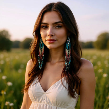 Long Teal Beaded Tassel Earrings