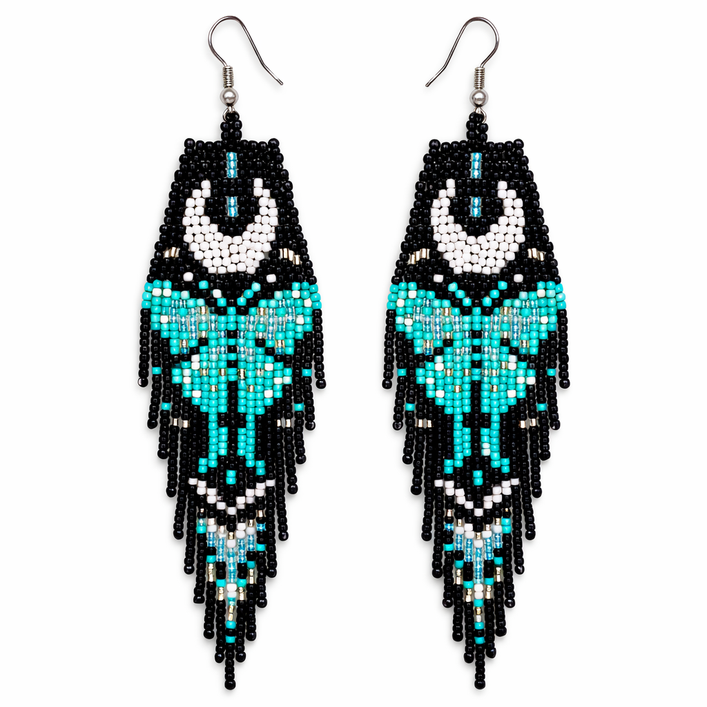 Beaded Earrings - Handmade Hypoallergenic Moon Butterfly Black and Turquoise Fringe