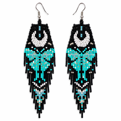 Black & Turquoise Beaded Moon Butterfly Fringe Earrings