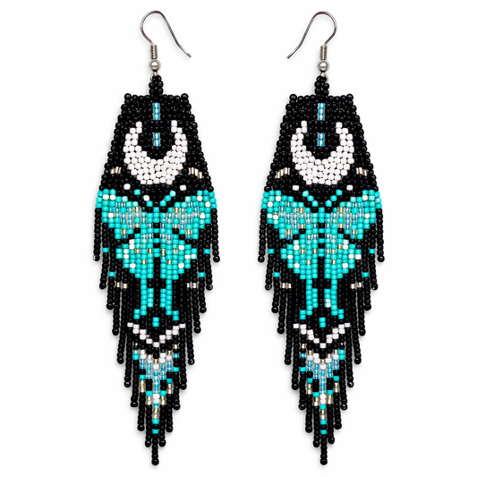 Beaded Earrings - Handmade Hypoallergenic Moon Butterfly Black and Turquoise Fringe