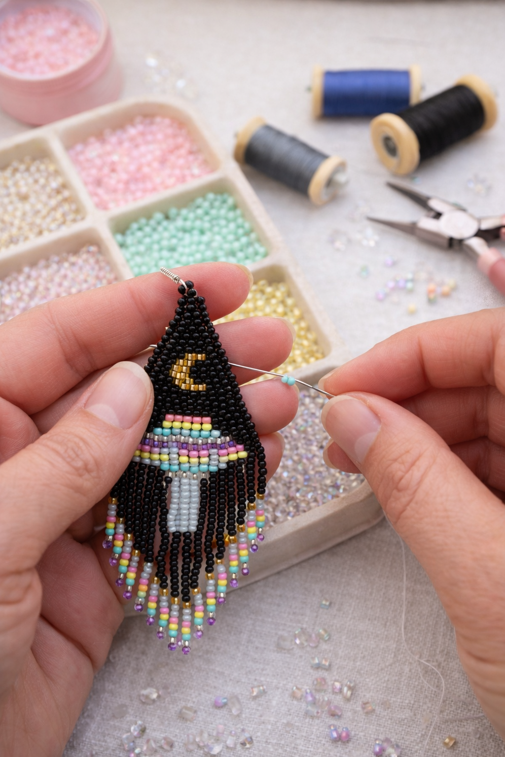 Beaded Earrings - Handmade Hypoallergenic Black UFO