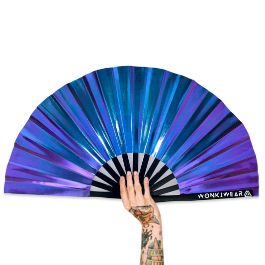 XL Foldable Hand Fan - Galaxy Range, Neptune iridescent Blue, Teal and Purple