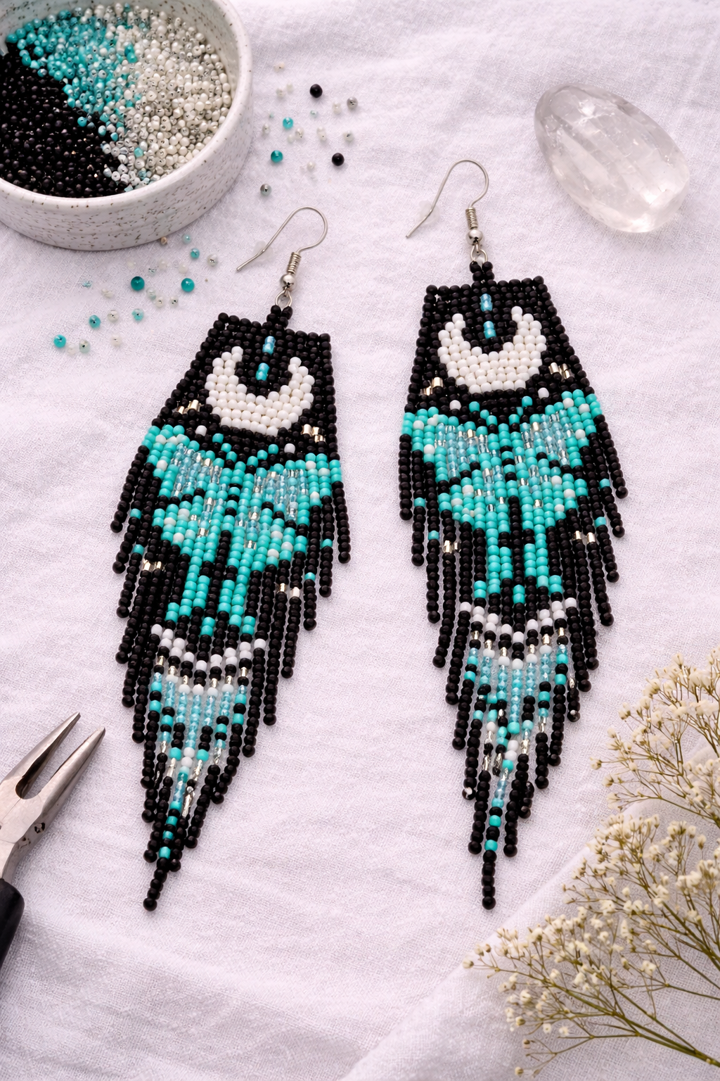 Beaded Earrings - Handmade Hypoallergenic Moon Butterfly Black and Turquoise Fringe