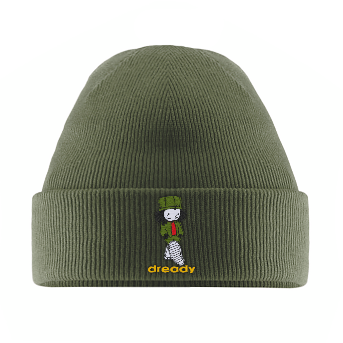 Dready Walking Man embroidered beanie product image showing the design and knit.