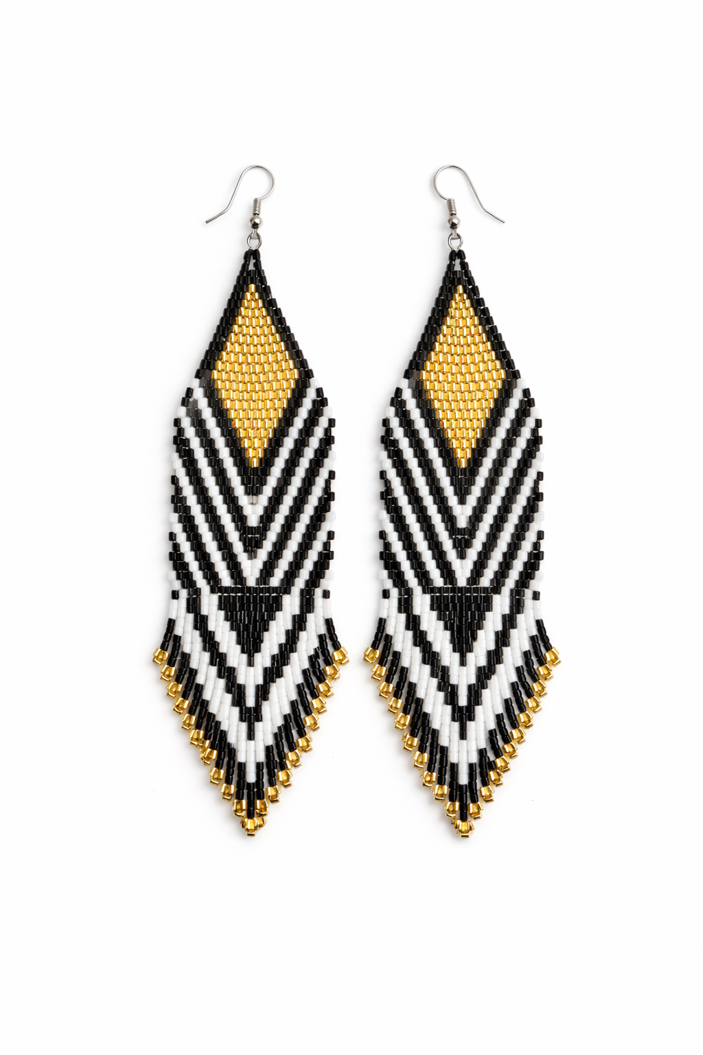 Black, Gold & White Beaded Fringe Earrings