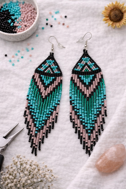 Turquoise & Dusky Pink Beaded Fringe Earrings