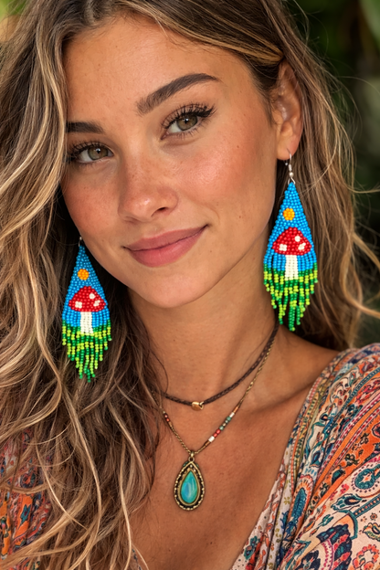 Blue Sky Mushroom Beaded Earrings