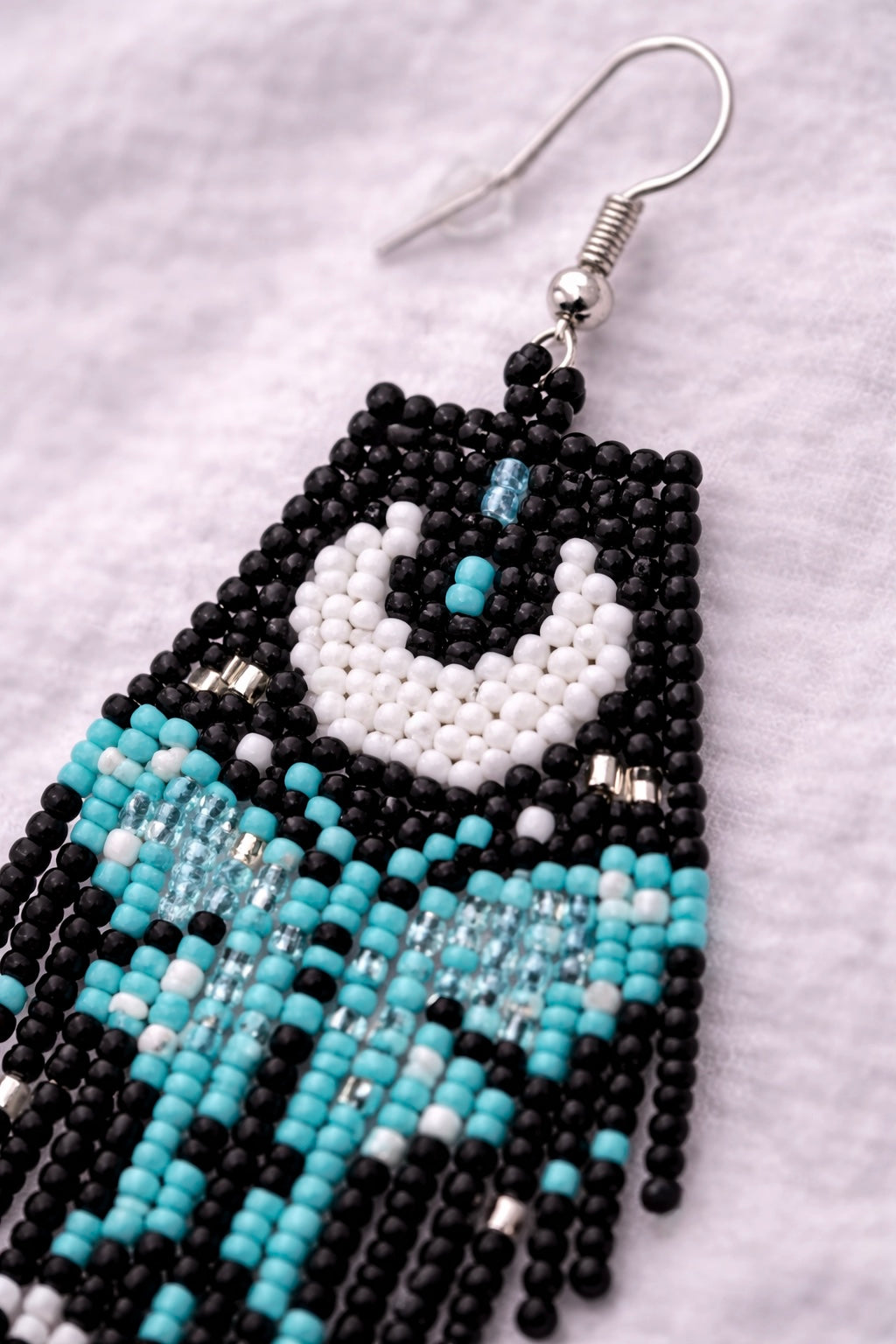 Beaded Earrings - Handmade Hypoallergenic Moon Butterfly Black and Turquoise Fringe