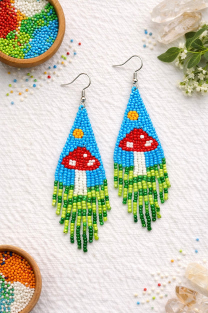 Blue Sky Mushroom Beaded Earrings