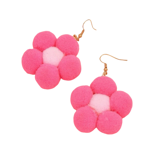 Earrings - Pompom daisy flower drops, Pink