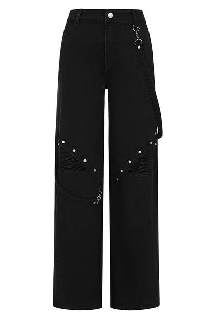Black Industrial Wide-Leg Trousers with Mesh Panels & D-Rings | Banned Apparel