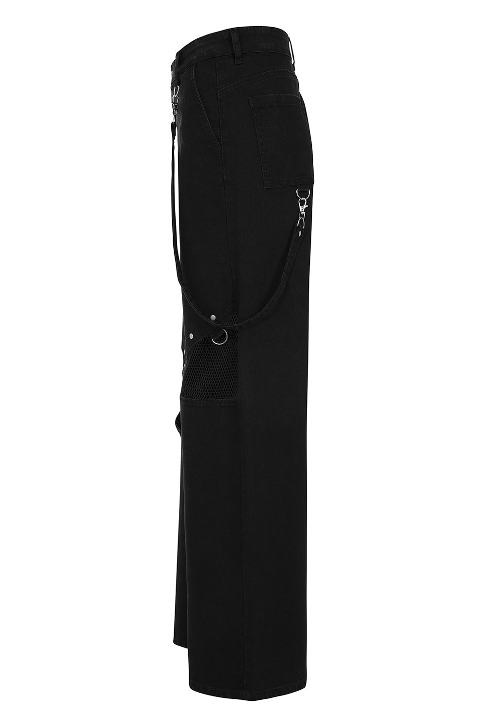 Black Industrial Wide-Leg Trousers with Mesh Panels & D-Rings | Banned Apparel