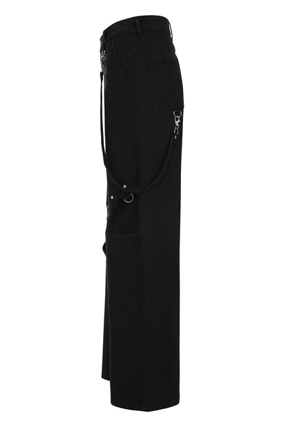 Black Industrial Wide-Leg Trousers with Mesh Panels & D-Rings | Banned Apparel