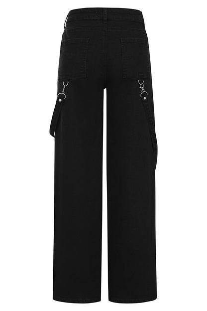 Black Industrial Wide-Leg Trousers with Mesh Panels & D-Rings | Banned Apparel