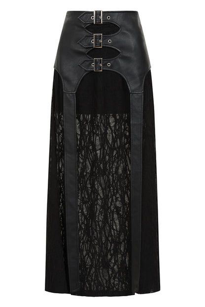 Black Faux Leather Buckle Strap Maxi Skirt with Sheer Knit Panels | Banned Apparel