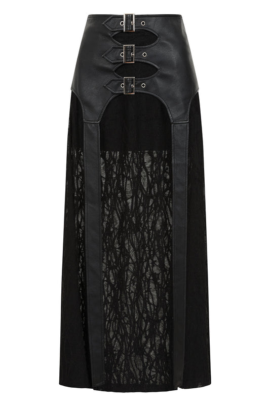 Black Faux Leather Buckle Strap Maxi Skirt with Sheer Knit Panels | Banned Apparel