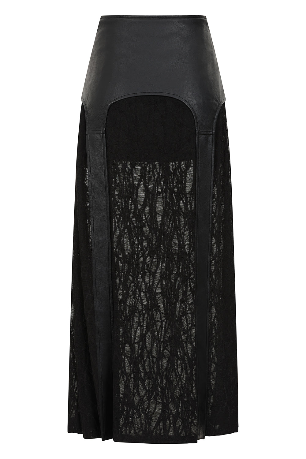 Black Faux Leather Buckle Strap Maxi Skirt with Sheer Knit Panels | Banned Apparel