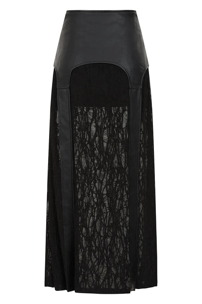 Black Faux Leather Buckle Strap Maxi Skirt with Sheer Knit Panels | Banned Apparel