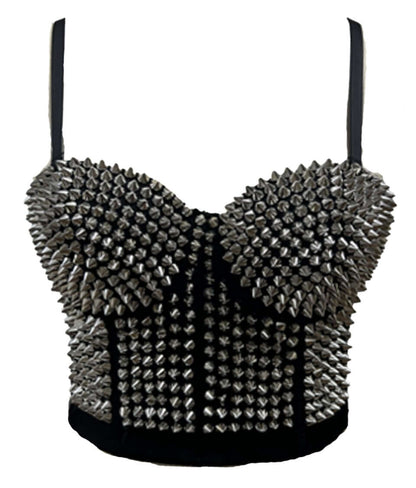 Silver Studded Punk Bustier Crop Top with Spikes | Banned Apparel