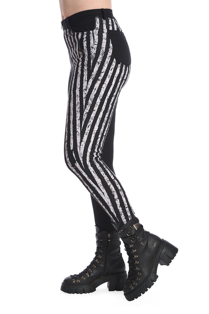 Black & White Half and Half Striped Trousers with D-Rings | Banned Apparel