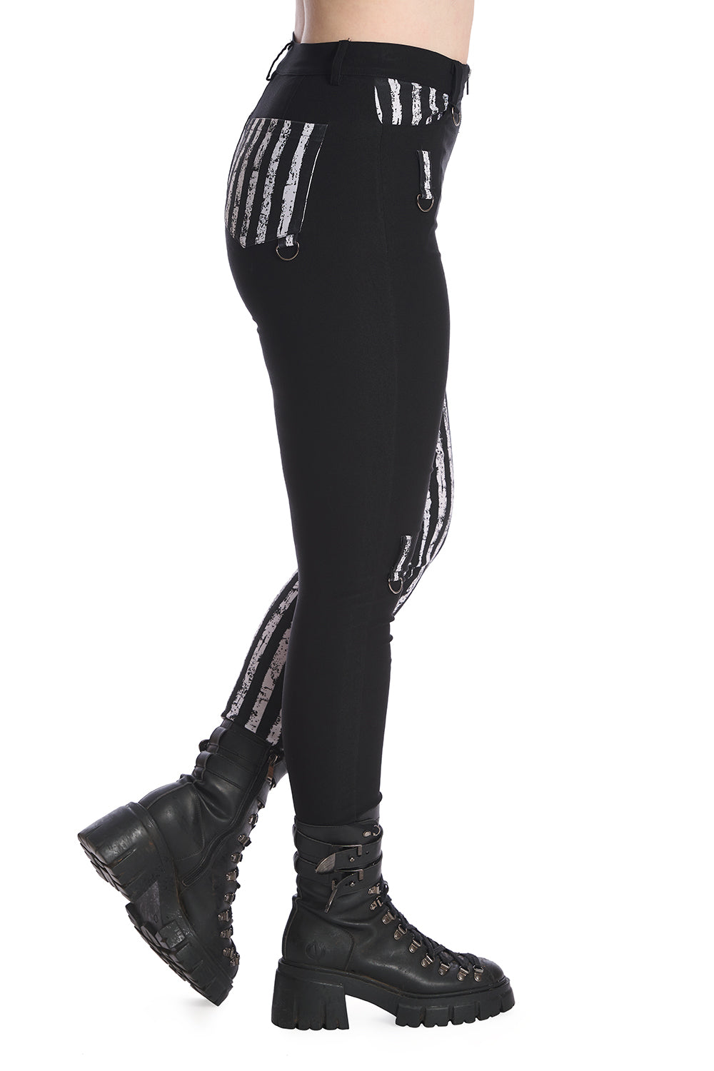 Black & White Half and Half Striped Trousers with D-Rings | Banned Apparel