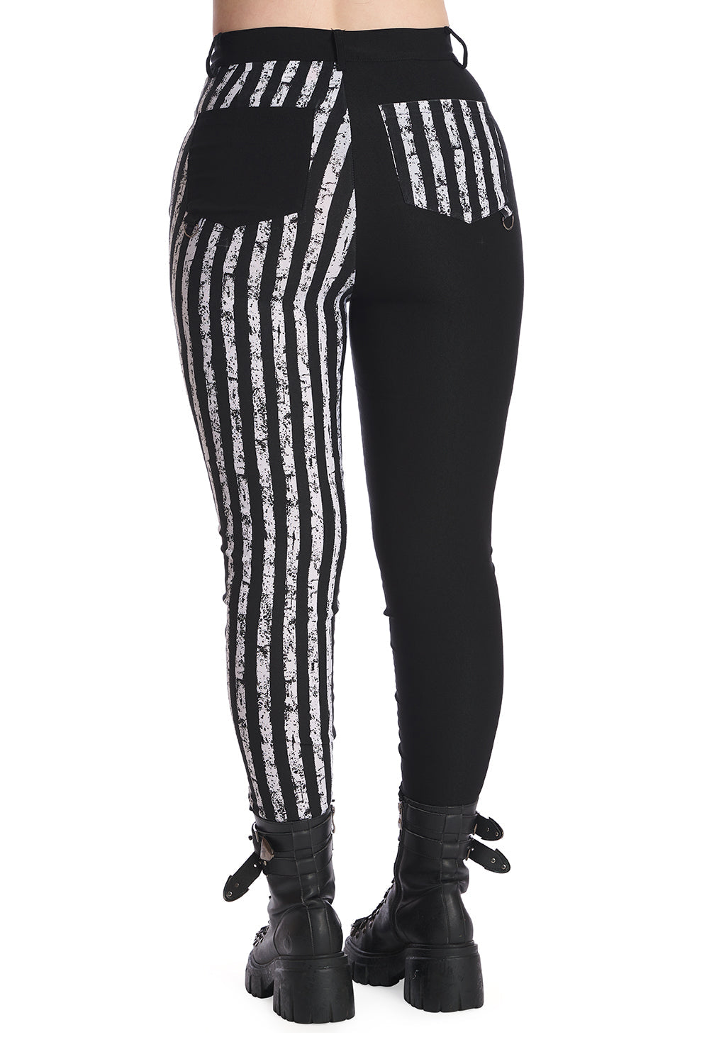 Black & White Half and Half Striped Trousers with D-Rings | Banned Apparel