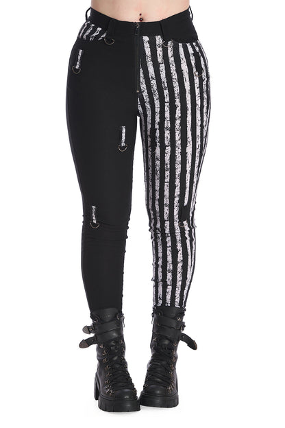 Black & White Half and Half Striped Trousers with D-Rings | Banned Apparel
