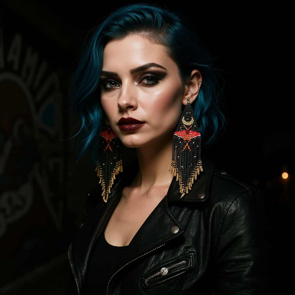 Beautiful women with teal hair and a black leather jacket, wearing long seed bead fringe earrings, featuring a red moth and gold crescent moon