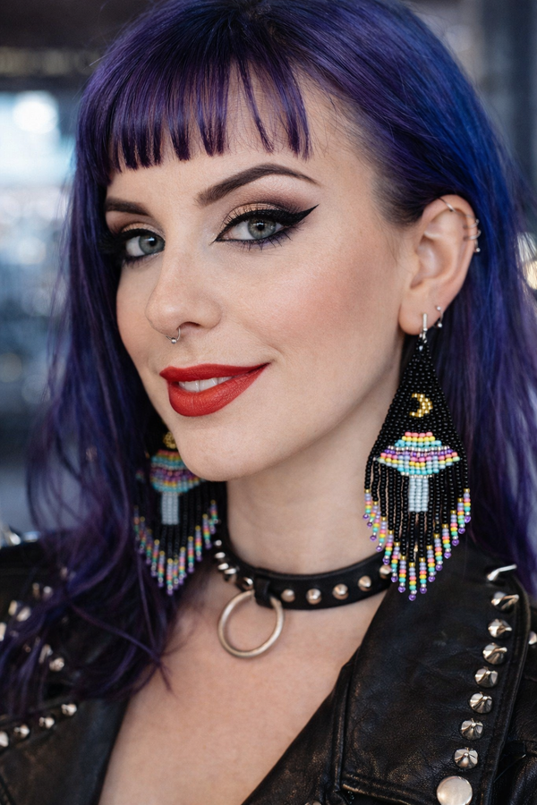 Beaded Earrings - Handmade Hypoallergenic Black UFO