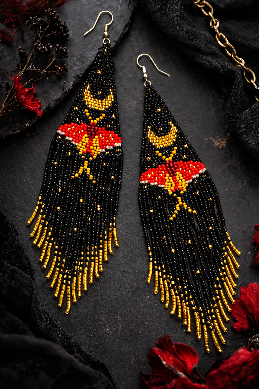 Long Beaded Moth Fringe Earrings