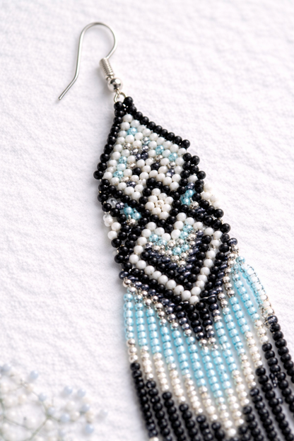 Long Beaded Black White Blue Fringe Earrings
