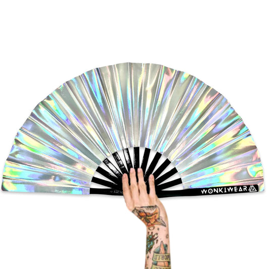 XL Foldable Hand Fan - Galaxy Range, Mercury Iridescent Metallic Silver