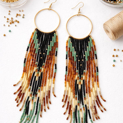 Long Beaded Tassel Hoop Earrings