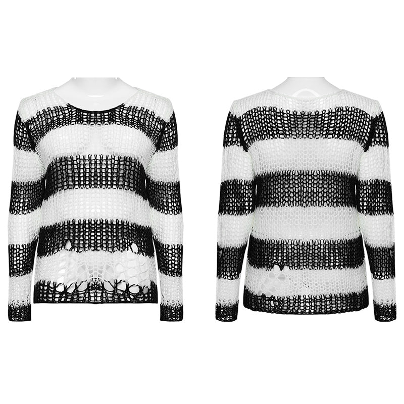 White & Black Striped Open-Knit Sweater | Punk Rave