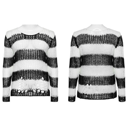 White & Black Striped Open-Knit Sweater | Punk Rave