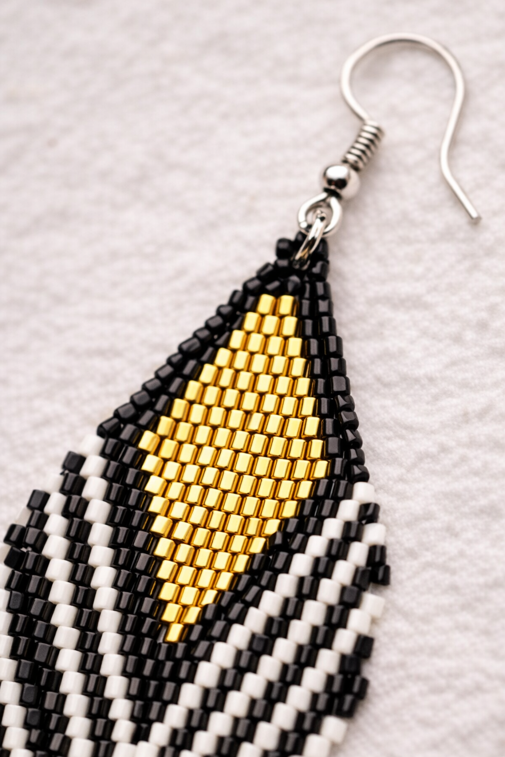 Black, Gold & White Beaded Fringe Earrings