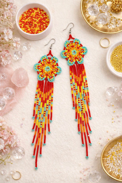 Orange Beaded Hippie Flower Earrings