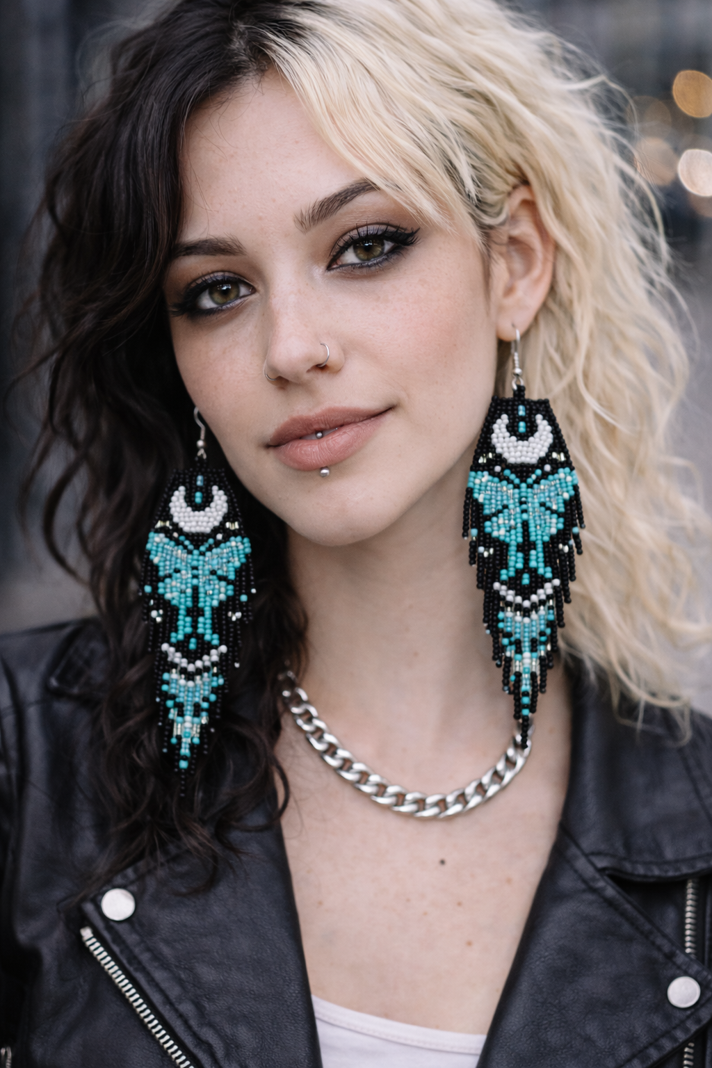 Beaded Earrings - Handmade Hypoallergenic Moon Butterfly Black and Turquoise Fringe