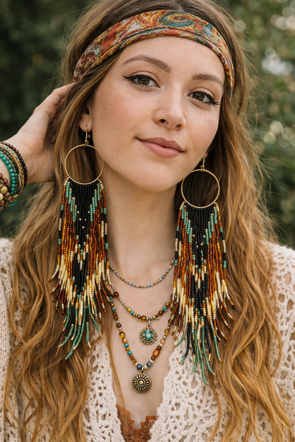 Long Beaded Tassel Hoop Earrings