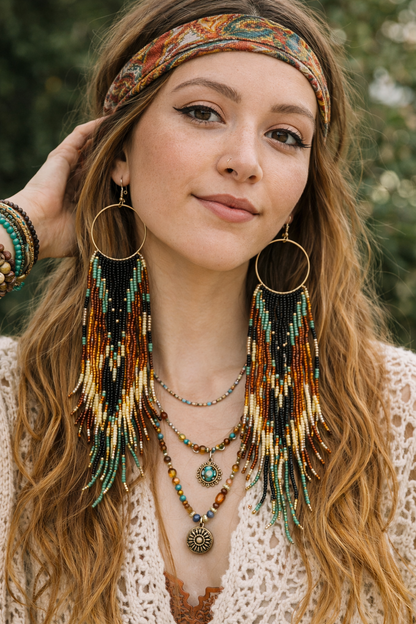 Long Beaded Tassel Hoop Earrings