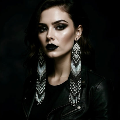 Long Beaded Black White Blue Fringe Earrings