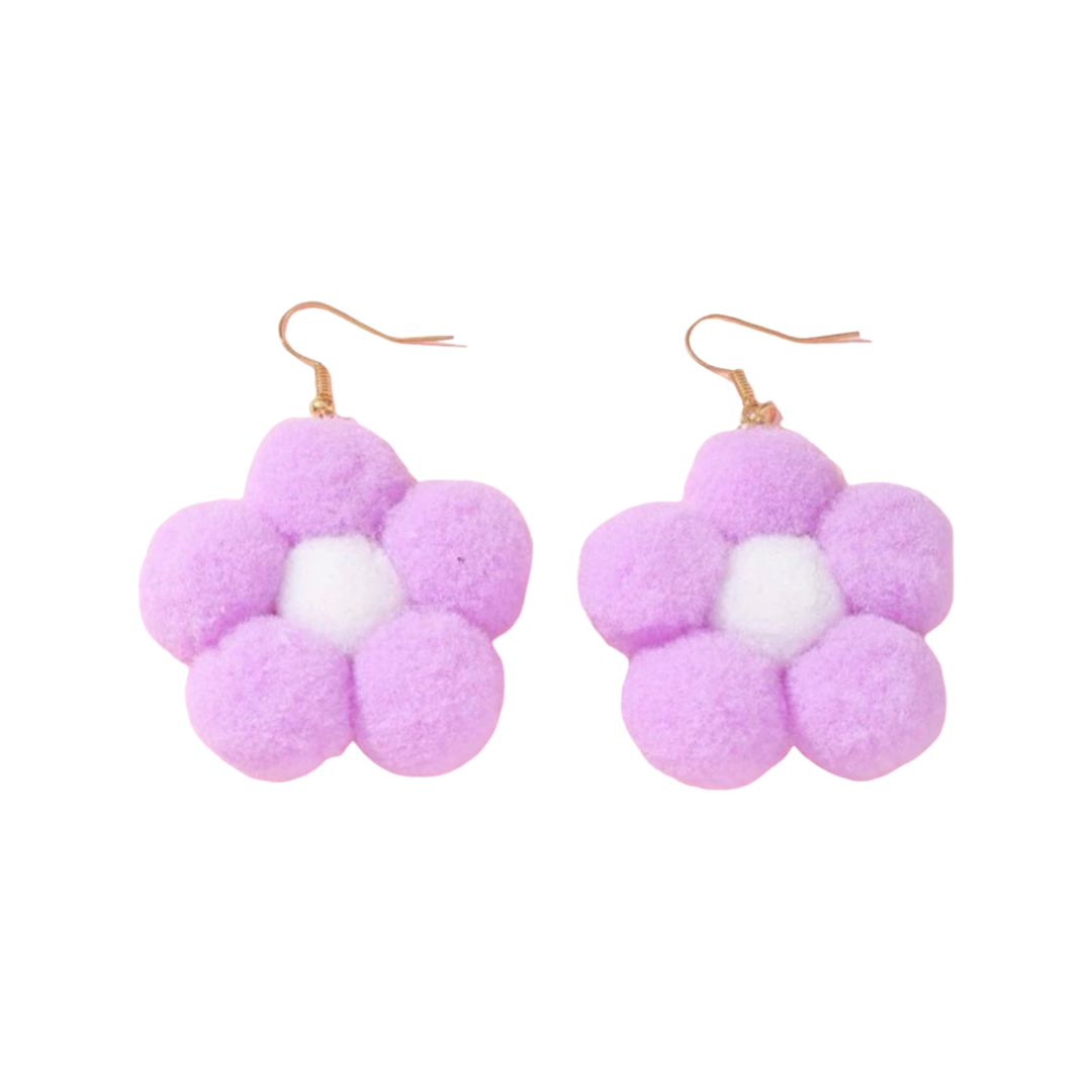 Earrings - Pompom daisy flower drops, Lilac & white