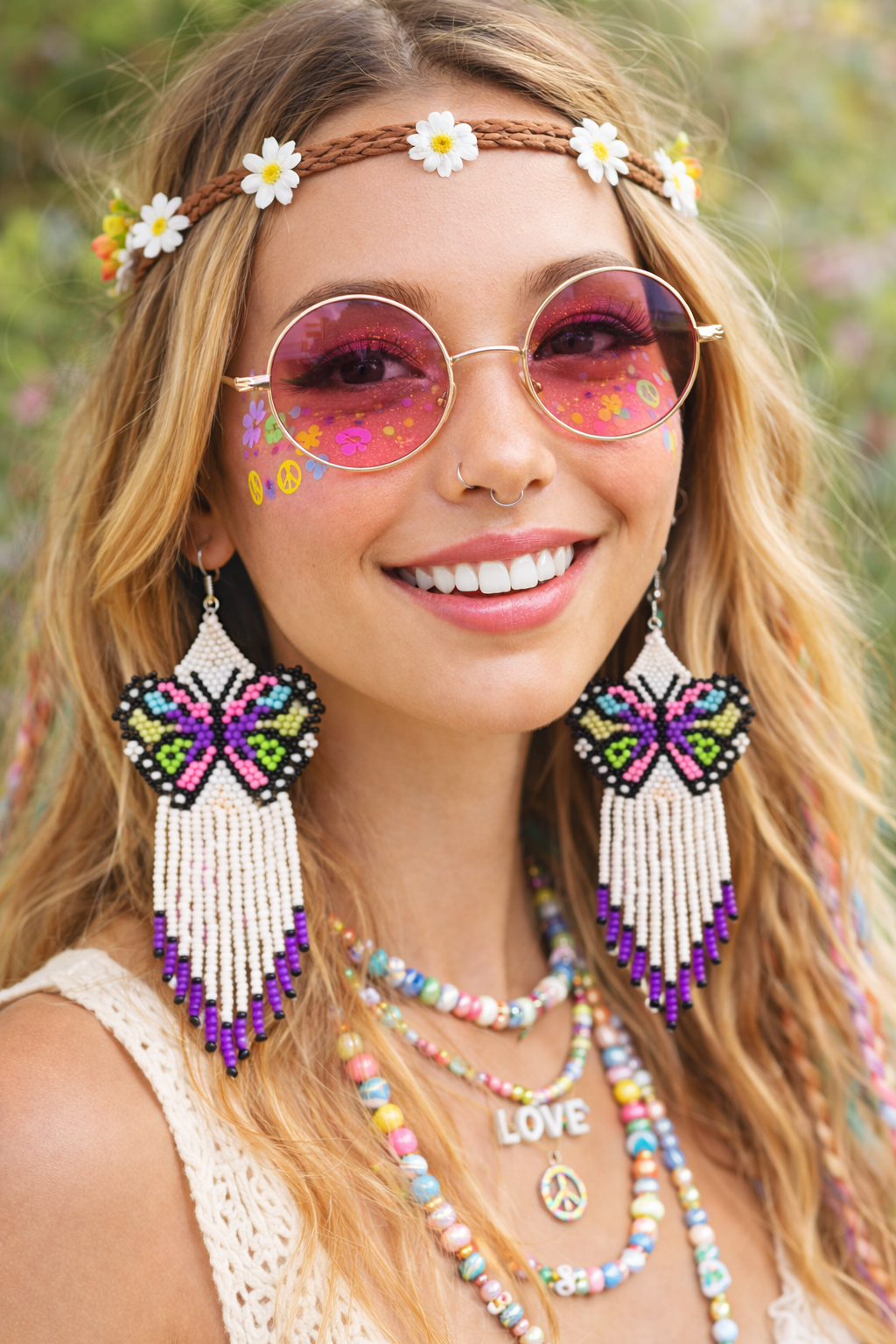 White & Purple Beaded Butterfly Earrings
