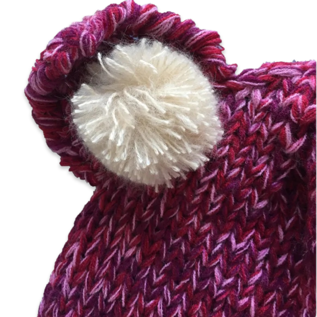 Handmade teddy bear ears knitted hat with 4 big pom-poms, plum